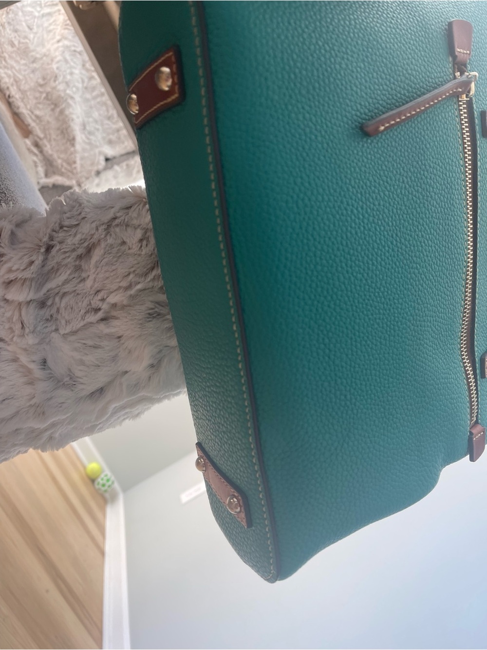Dooney & Bourke Teal Pebbled Leather Tote with Brown Trim and Gold Hardware - Picture 3 of 4